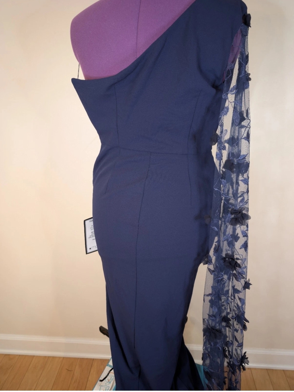 Adrianna Papell Navy One-Shoulder Gown with Floral Sheer Capelet - Picture 3 of 6